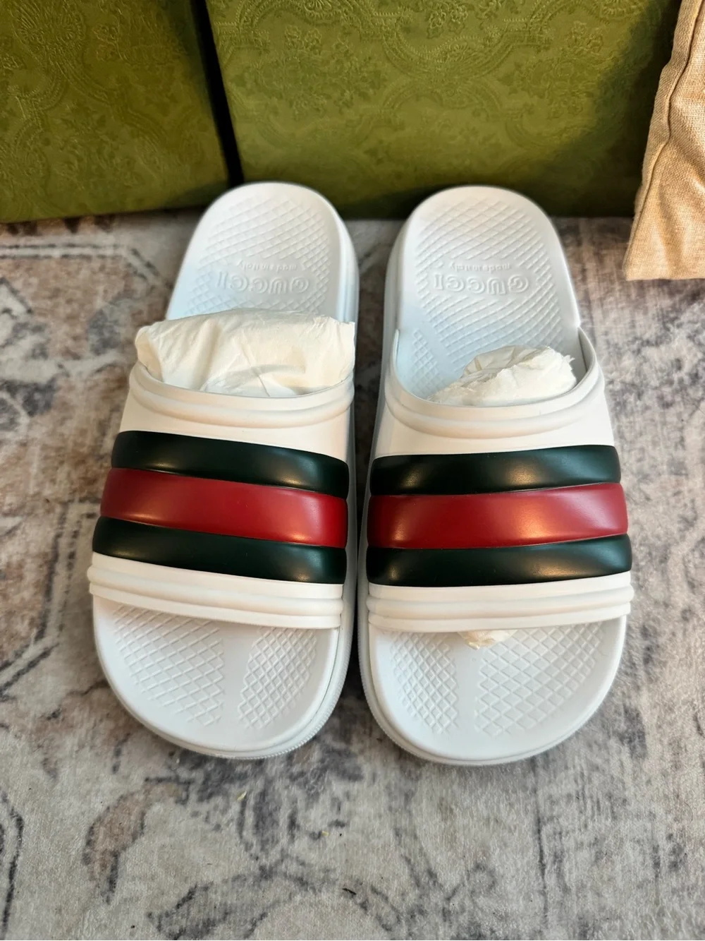 Gucci White Slides with Red and Green Signature Stripe